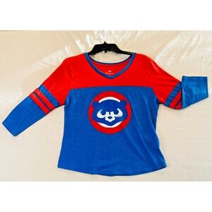 Chicago CUBS Fanatics Womens Large T Shirt Blue Red 3/4 Sleeve Tee V Neck L Bear